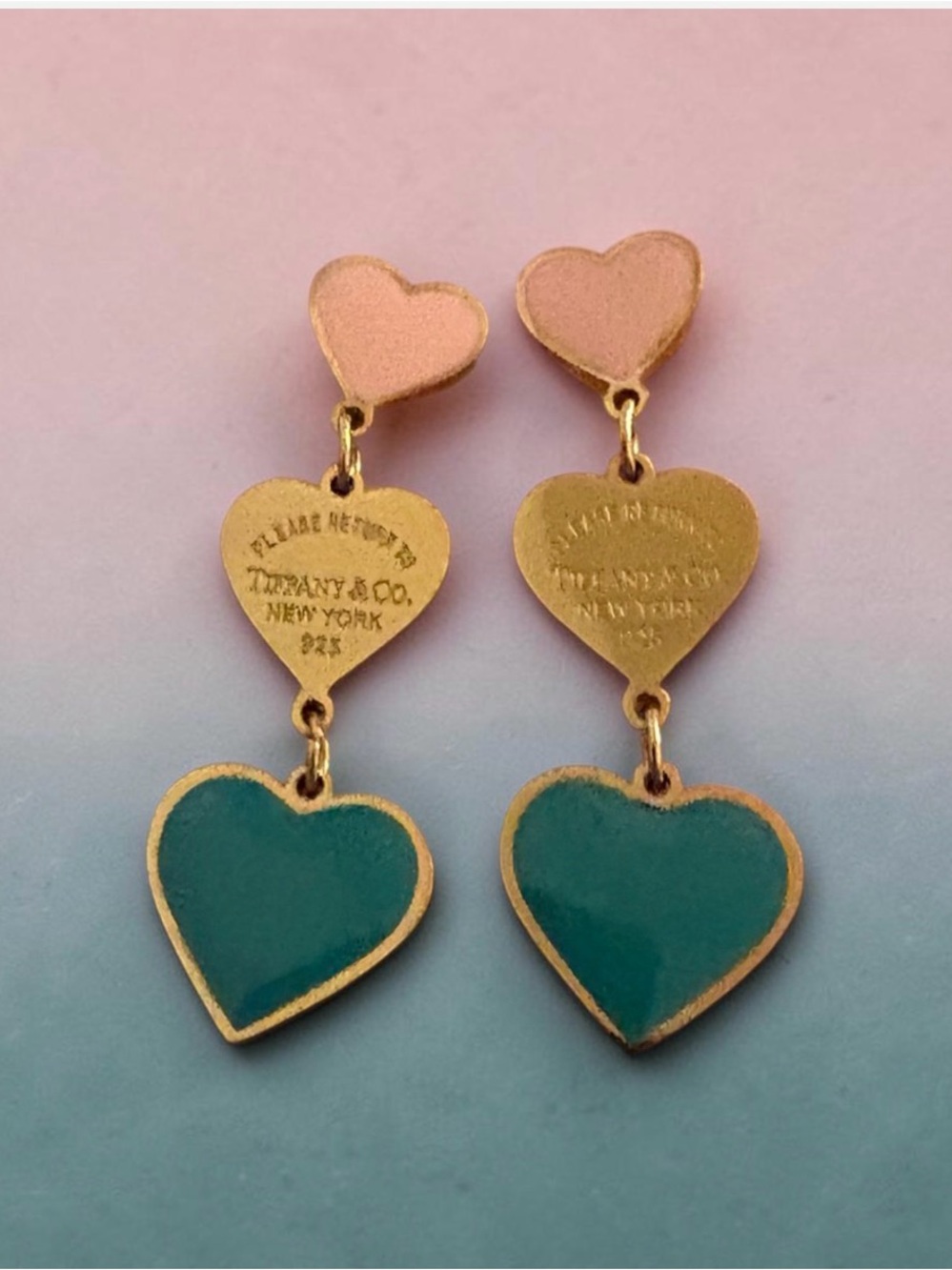 New Triple Heart Drop Earrings in Pink and Teal Stainless Steel
